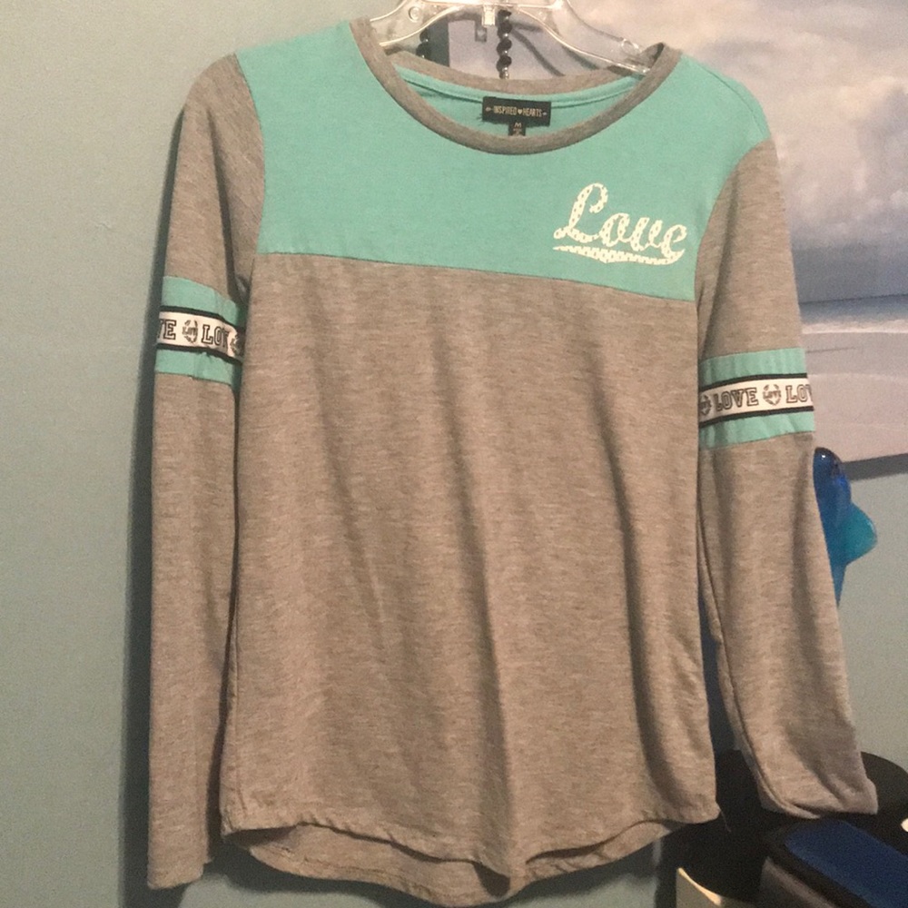 Gray and light teel love shirt